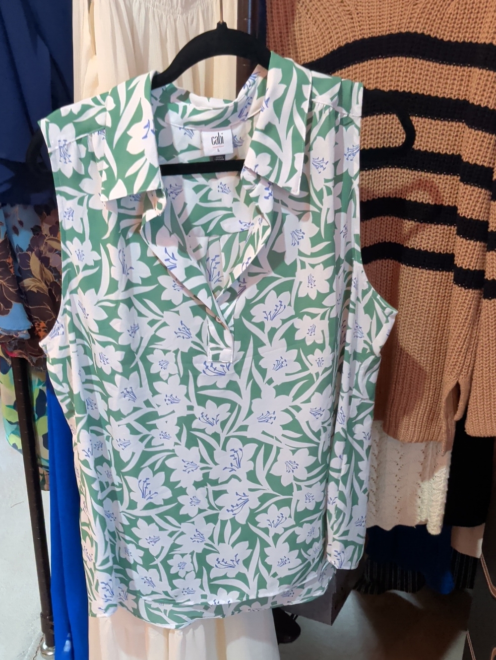 CAbi Sleeveless Floral Collared Shell - Green/White/Blue